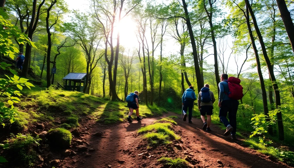 Hiking enthusiasts trekking through a scenic mountain trail surrounded by lush greenery and clear blue skies, emphasizing adventure and connection with nature.