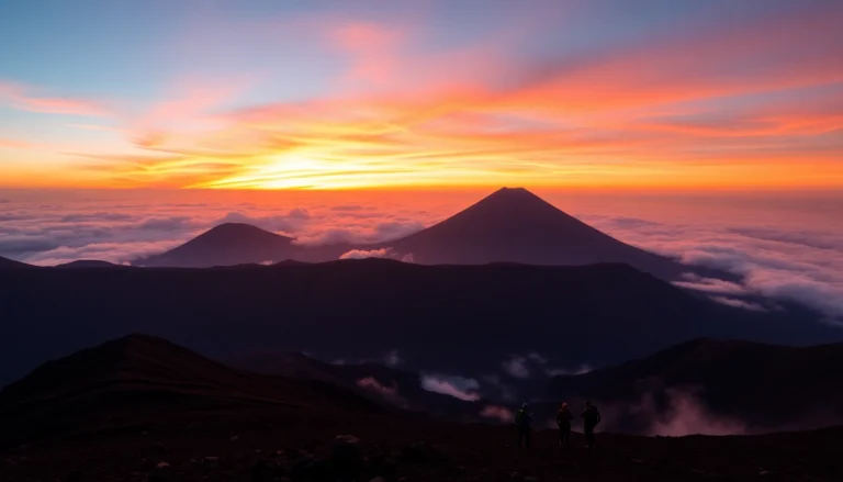 Hikers trekking Mount Rinjani with panoramic views of volcanic landscape and sunrise lighting for an adventurous experience.