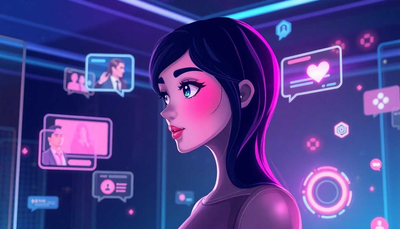 Futuristic AI chat scene with a female avatar and holographic visuals in a dark, glowing environment.