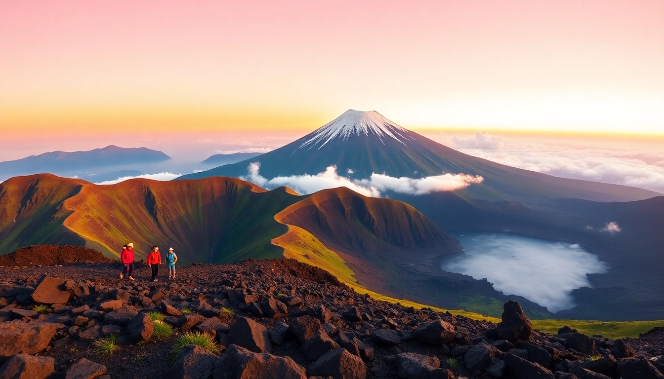 Sunrise view of Mount Rinjani's crater rim with trekkers overlooking the volcanic landscape