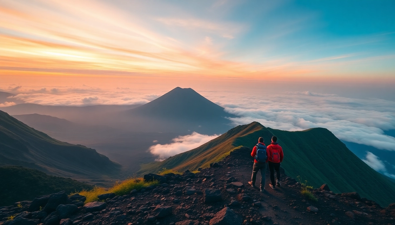 Mount Rinjani at sunrise with trekkers overlooking the volcano from the crater rim