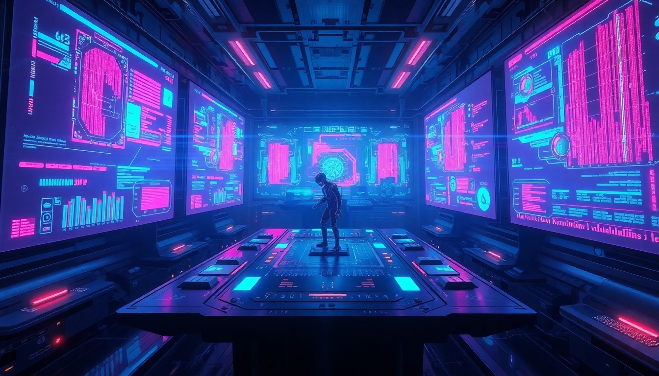 Futuristic AI control room with neon holographic data streams and a humanoid figure interacting with technology.