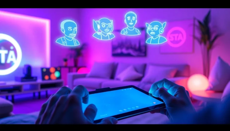 Person chatting with holographic AI characters in a high-tech, cozy environment with neon lighting.