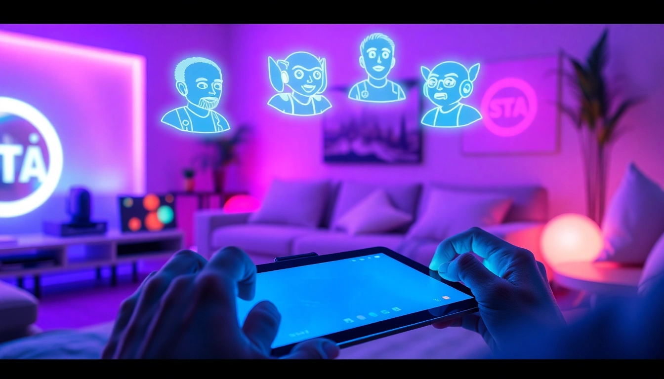 Person chatting with holographic AI characters in a high-tech, cozy environment with neon lighting.