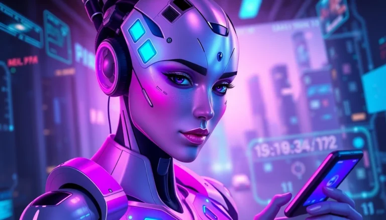 Futuristic AI character in a high-tech environment with neon accents and holographic interfaces.