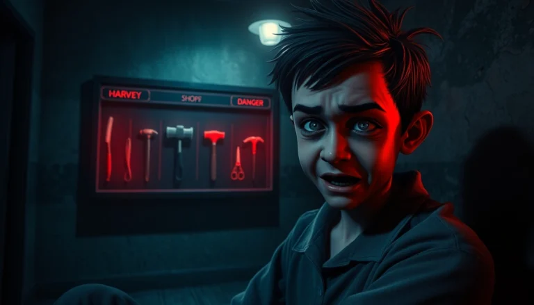 A distressed character named Harvey in a dark room with violent tools and intense emotional expression, symbolizing moral conflict in a horror game.