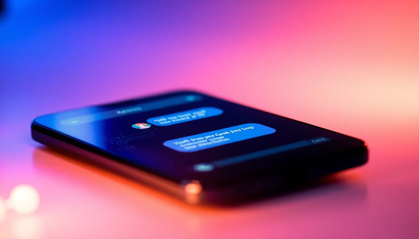 Close-up of a digital device displaying a vibrant AI chat conversation with a futuristic background.