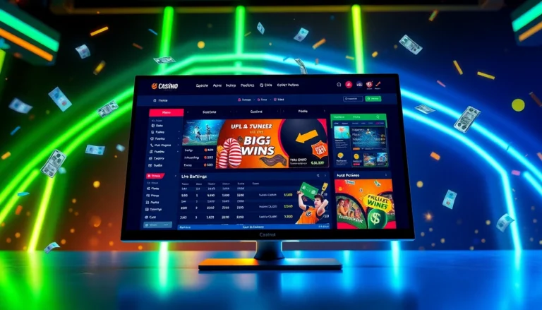 An illustration of a vibrant online sportsbook and casino platform with glowing lights and digital betting elements.