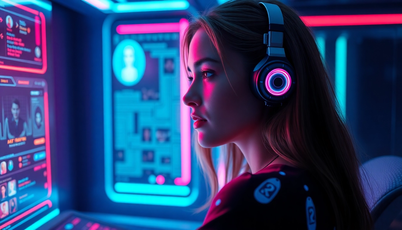 AI girlfriend engaging in warm conversation on a sleek digital interface with vibrant neon lights, highlighting intimacy and realism.