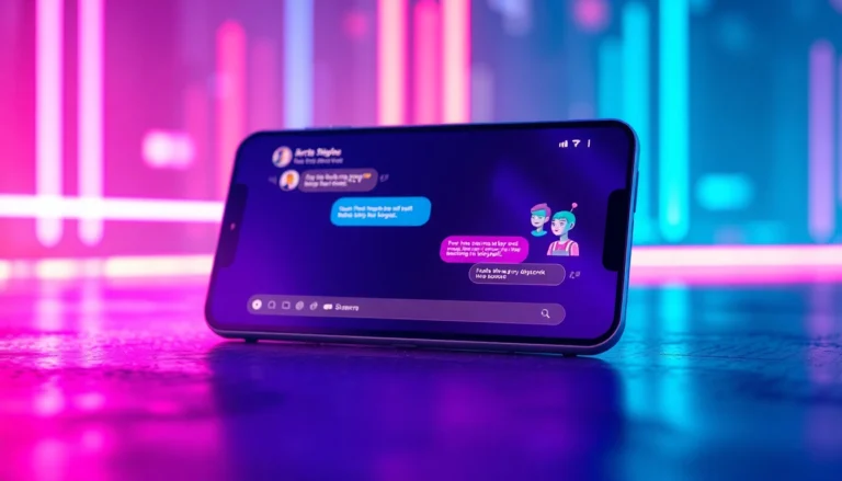Futuristic digital chat interface with colorful AI characters and neon lighting