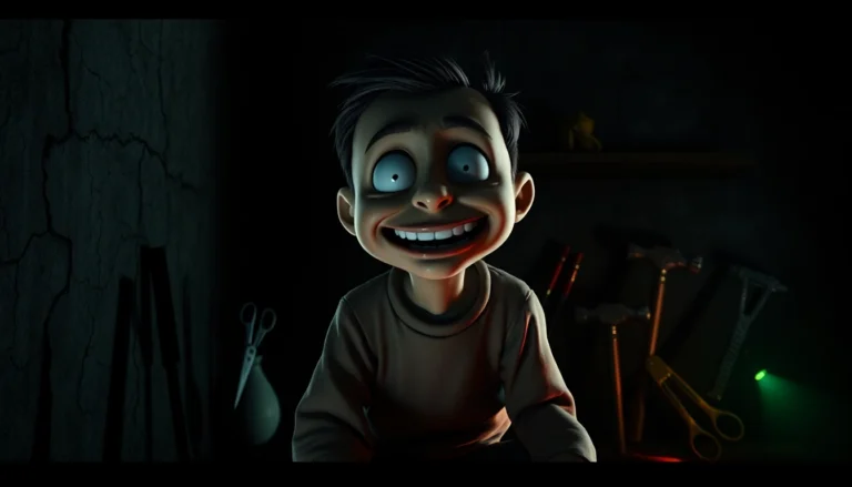 Harvey, a cheerful character in a dark room, suffering as he faces disturbing tools of violence, evoking a tense, horror atmosphere.