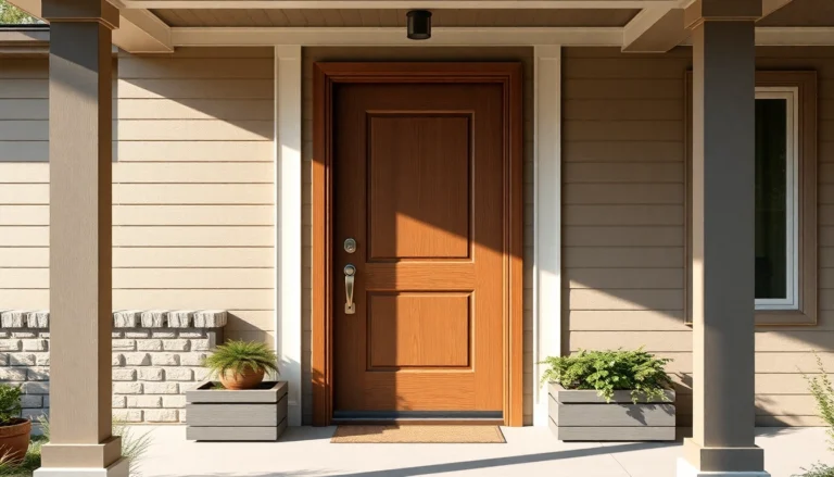 Front door replacement showcased on a warm, energy-efficient entry with premium hardware