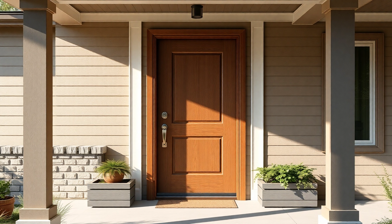 Front door replacement showcased on a warm, energy-efficient entry with premium hardware