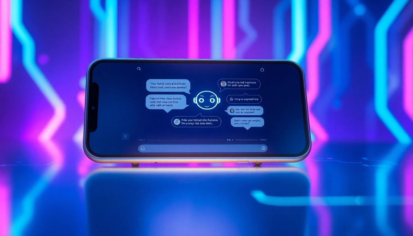 Futuristic AI chatbot interface on a sleek device with glowing digital elements and a friendly AI character on screen.