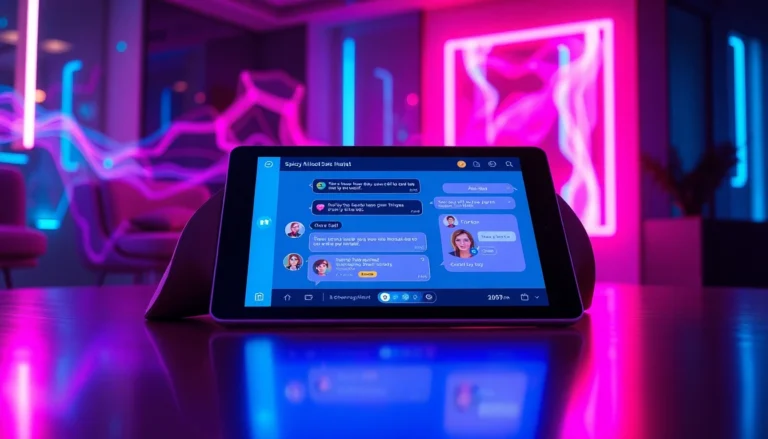 Futuristic digital chatbot interface with neon accents and flirtatious conversation on a sleek tablet screen.