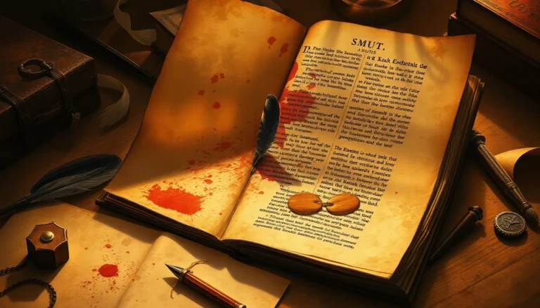 An antique manuscript with stained pages and old writing tools, evoking historical origins of the word 'smut.'