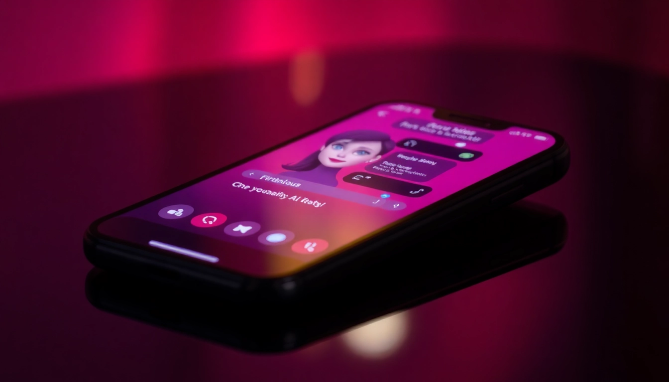 Smartphone displaying a flirtatious AI chat interface with animated characters in a warm, modern setting.