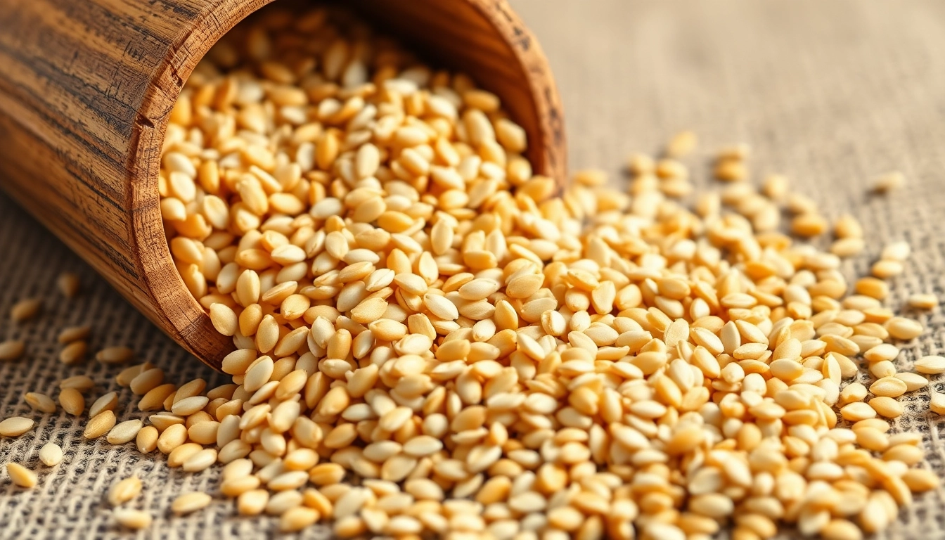 High-quality hulled sesame seed presentation emphasizing purity and natural flavor for food