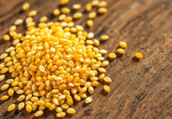 High-quality hulled sesame seed display showing golden seeds ready for packaging and culinary