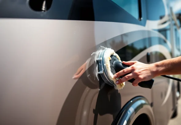 Professional applying Wohnmobil Politursiegelung to a shiny motorhome for long-lasting