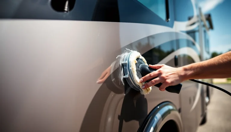 Professional applying Wohnmobil Politursiegelung to a shiny motorhome for long-lasting